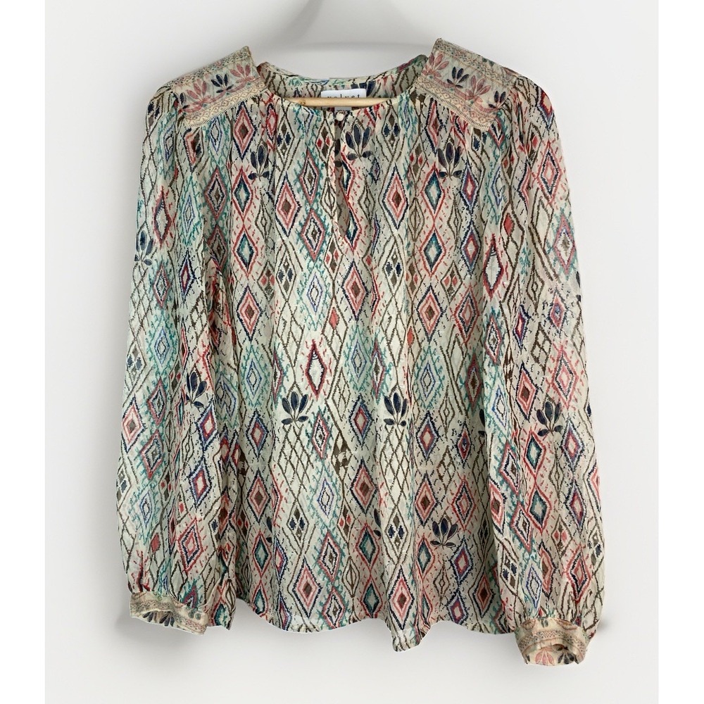 Velvet by Graham & Spencer Women's L Semi-Sheer Geometric Puff Sleeve Blouse